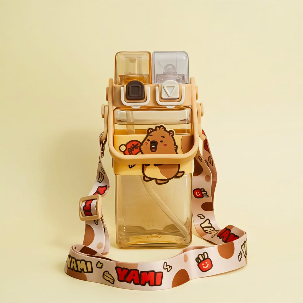 Cute Kids Dual-Lid Cartoon Water Bottle with Strap – 900ml