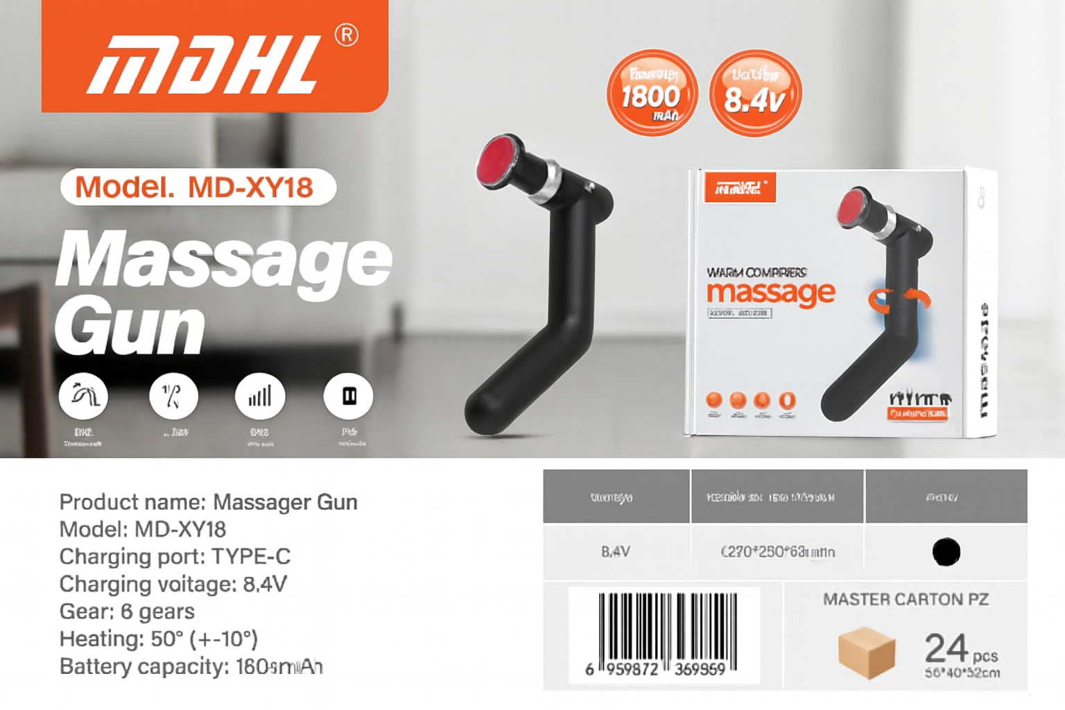 MDHL Warm Compress Massage Gun – 6-Gear Deep Tissue Muscle Relaxer