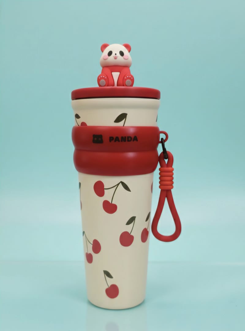 Cute Panda Stainless Steel Water Bottle – With 3D Panda Lid & Strap