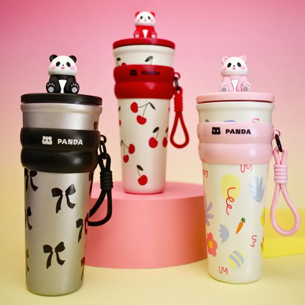 Cute Panda Stainless Steel Water Bottle – With 3D Panda Lid & Strap