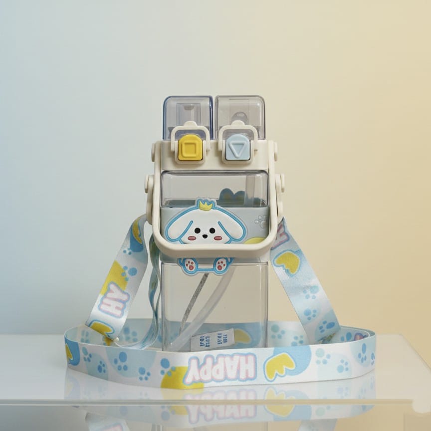 Cute Kids Dual-Lid Cartoon Water Bottle with Strap – 900ml