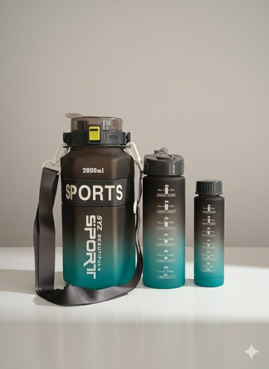 2L Gradient Sports Water Bottle Set (3-Piece) – With Straw Lid, Handle & Time Marker