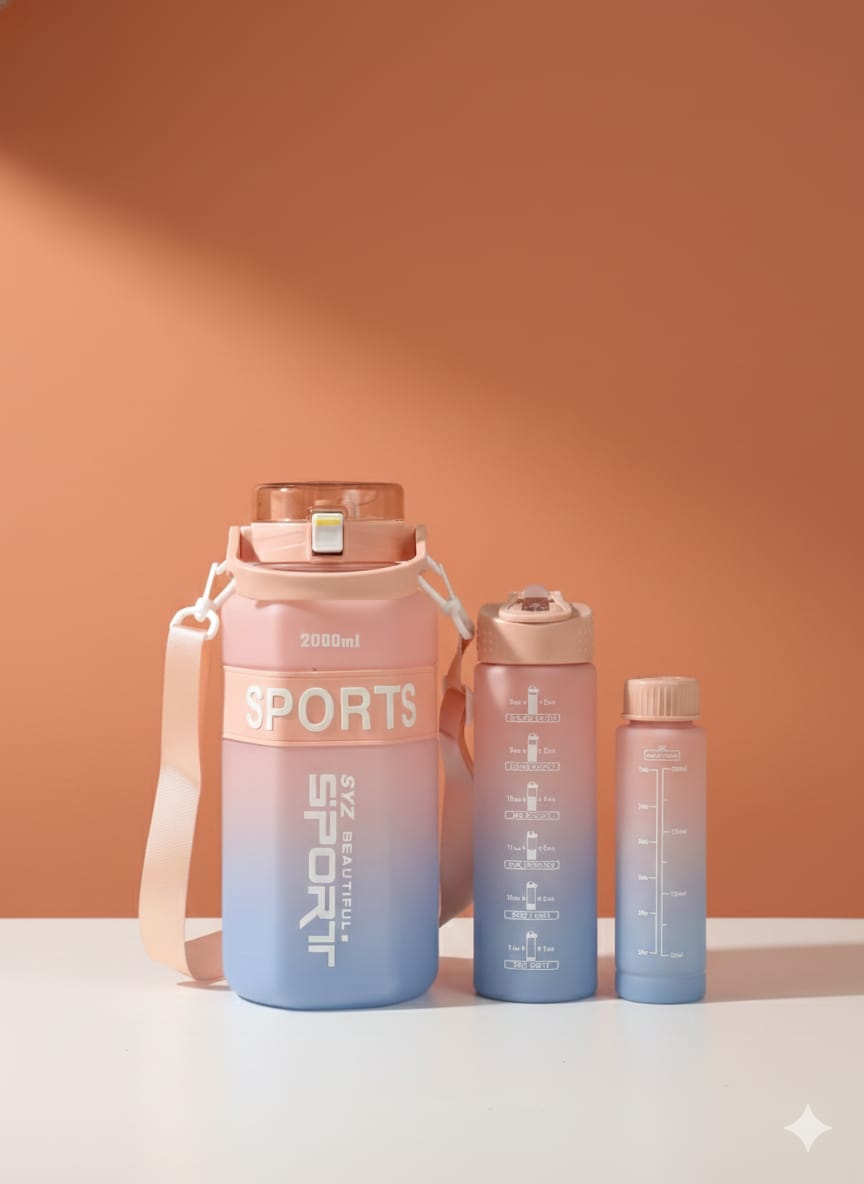 2L Gradient Sports Water Bottle Set (3-Piece) – With Straw Lid, Handle & Time Marker