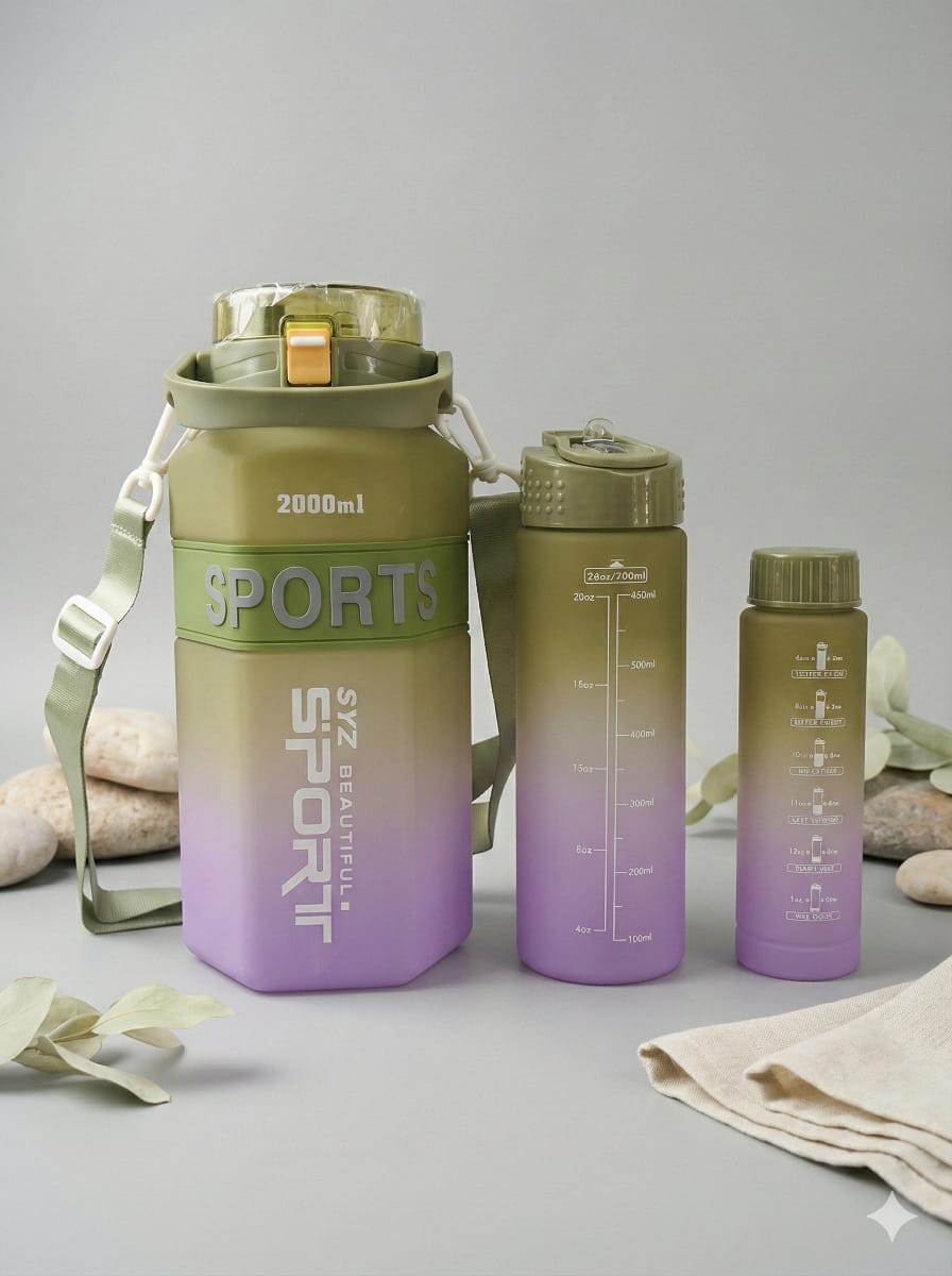 2L Gradient Sports Water Bottle Set (3-Piece) – With Straw Lid, Handle & Time Marker
