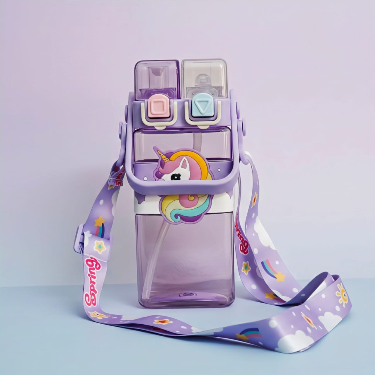 Cute Kids Dual-Lid Cartoon Water Bottle with Strap – 900ml